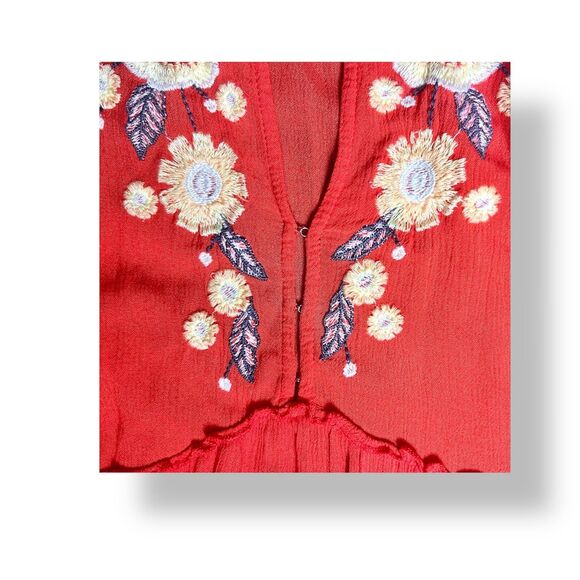 Free People M Red Embroidered Tiered Gauzy Mini Dress Floral Boho Peasant Flowy - Picture 5 of 7